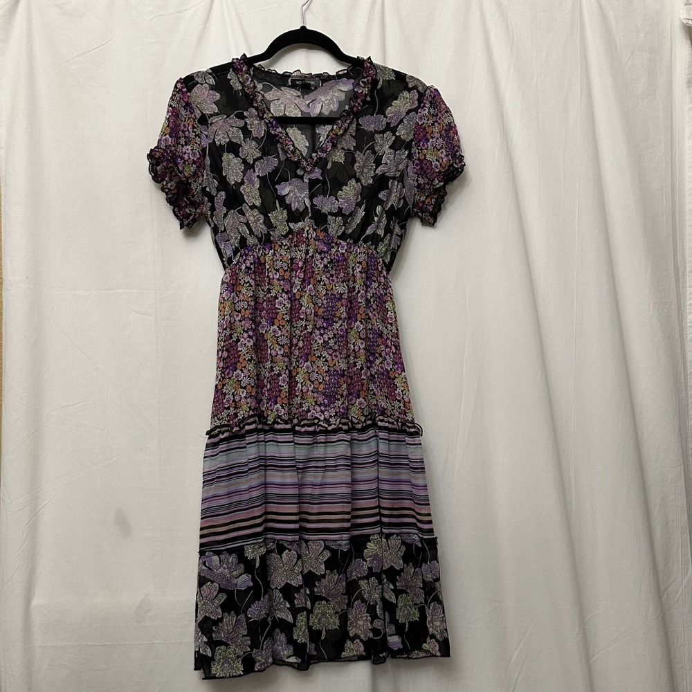 Voir Voir Women Purple Floral Mixed Print Tiered Midi Dress Size 10 Boho Ruffle‎